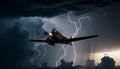 Flying airplane propeller cuts through dark, dangerous thunderstorm sky generated by AI