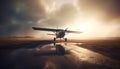 Flying airplane propels through blue sky at sunset over water generated by AI