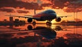 Flying airplane reflects the sunset, transporting passengers in commercial travel generated by AI Royalty Free Stock Photo