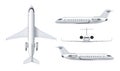 Flying airplane, regional jet aircraft, airliner. Top, front, side view of detailed passenger air plane.