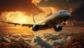 Flying airplane in sunset sky, transporting passengers on business travel generated by AI Royalty Free Stock Photo