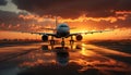 Flying airplane at sunset, transporting passengers in business generated by AI Royalty Free Stock Photo