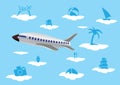 Flying Airplane with Vacation Icons on Clouds Vector Illustratio Royalty Free Stock Photo