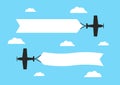Flying airplanes with advertising banners. Planes with blank ribbons.