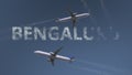Flying airplanes trails and Bengaluru caption. Traveling to India conceptual 3D rendering