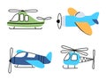 Flying airplanes and helicopter collection in childish style