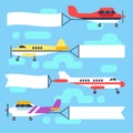 Flying airplanes and helicopters with blank banners flags vector set Royalty Free Stock Photo