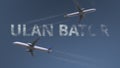 Flying airplanes trails and Ulan Bator caption. Traveling to Mongolia conceptual 3D rendering