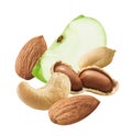 Flying almonds, cashew, peanuts and slice of green apple isolated on white background Royalty Free Stock Photo