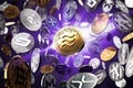 Flying altcoins with Libra concept coin in the center as probably new the most popular cryptocurrency. Violet starburst background