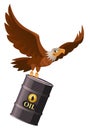 Flying American eagle holds oil barrel