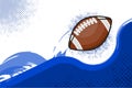 A flying american football ball abowe blue flat wave. Abstract background