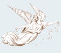 Flying angel with flowers. Biblical illustrations in old engraving style. Decor for religious holidays