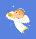 Flying Angel Playing Trumpet, Sounding Boy Vector Royalty Free Stock Photo