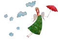 Flying angel with a red umbrella. Royalty Free Stock Photo