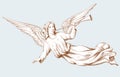 Flying angel with trumpet. Biblical illustrations in old engraving style. Decor for religious holidays