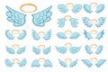 Flying angel wings flat with golden halo. Royalty Free Stock Photo