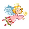 Flying angel with wings holding in hands star. Royalty Free Stock Photo