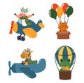 Flying Animals Cow or Giraffe on Airplane, Kitten in Box and Frog on Air Balloon. Cute Characters Travel by Air, Pilots Royalty Free Stock Photo