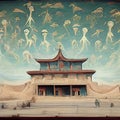 Flying Apsaras with aliens meeting in Dunhuang Murals Royalty Free Stock Photo