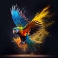 a flying ara parrot over colourful powder explosion in black background Royalty Free Stock Photo