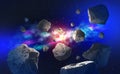 Flying asteroids in outer space. Big bang and meteor shower Royalty Free Stock Photo