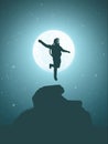 Flying astronaut at night. Cosmonaut silhouette. Lonely man, full moon Royalty Free Stock Photo