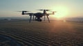 Flying Automate drone is spraying fertilizer on to farmer plant paddy field.