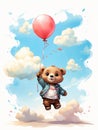 Flying baby bear with a balloon floating in the air.