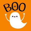 Flying baby ghost spirit. Boo text with hanging spider. Happy Halloween. Cute cartoon white scary spooky character. Smiling face, Royalty Free Stock Photo