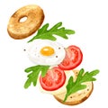 Flying bagel, sandwich, burger with egg, tomatoes, pepper and herbs. Delicious breakfast. Hand drawn watercolor