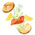 Flying bagel, sandwich, burger with fish, cream cheese, avocado, lemon and herbs. Cooking breakfast, lunch, dinner. Hand