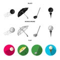 A flying ball, a yellow umbrella, a golf club, a ball on a stand. Golf Club set collection icons in black, flat Royalty Free Stock Photo