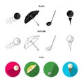 A flying ball, a yellow umbrella, a golf club, a ball on a stand. Golf Club set collection icons in black,flat,outline Royalty Free Stock Photo