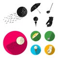 A flying ball, a yellow umbrella, a golf club, a ball on a stand. Golf Club set collection icons in black, flat style Royalty Free Stock Photo