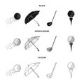 A flying ball, a yellow umbrella, a golf club, a ball on a stand. Golf Club set collection icons in black,monochrome Royalty Free Stock Photo