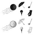 A flying ball, a yellow umbrella, a golf club, a ball on a stand. Golf Club set collection icons in black,monochrome Royalty Free Stock Photo