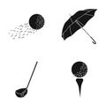 A flying ball, a yellow umbrella, a golf club, a ball on a stand. Golf Club set collection icons in black style vector Royalty Free Stock Photo