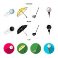 A flying ball, a yellow umbrella, a golf club, a ball on a stand. Golf Club set collection icons in cartoon,black,flat Royalty Free Stock Photo