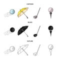 A flying ball, a yellow umbrella, a golf club, a ball on a stand. Golf Club set collection icons in cartoon,black Royalty Free Stock Photo