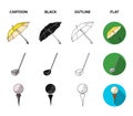 A flying ball, a yellow umbrella, a golf club, a ball on a stand. Golf Club set collection icons in cartoon,black Royalty Free Stock Photo