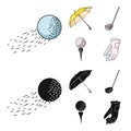 A flying ball, a yellow umbrella, a golf club, a ball on a stand. Golf Club set collection icons in cartoon,black style Royalty Free Stock Photo