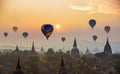 Flying balloons over pagoda land in the evening, Generative AI