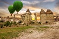 Flying balloons in rock landscape, Cappadocia, Turkey Royalty Free Stock Photo