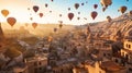 Flying baloons in Cappadokia Turkey. Generative AI Royalty Free Stock Photo