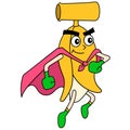 Flying banana superhero travels space around the world, doodle icon image kawaii