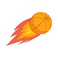 A flying Basketball ball leaves a trail of fire. Sports flat icon. Isolated object on white background. The symbol of basketball. Royalty Free Stock Photo