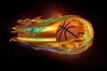 Flying basketball on fire Royalty Free Stock Photo