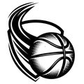 A flying basketball in front of the backboard. Vector monochrome illustration