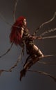 Flying beautiful red haired woman bounding by ropes